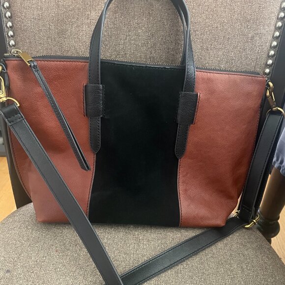 Fossil Skylar Satchel Top Handle Bag Brown Leather Black Suede Accent - Picture 3 of 12
